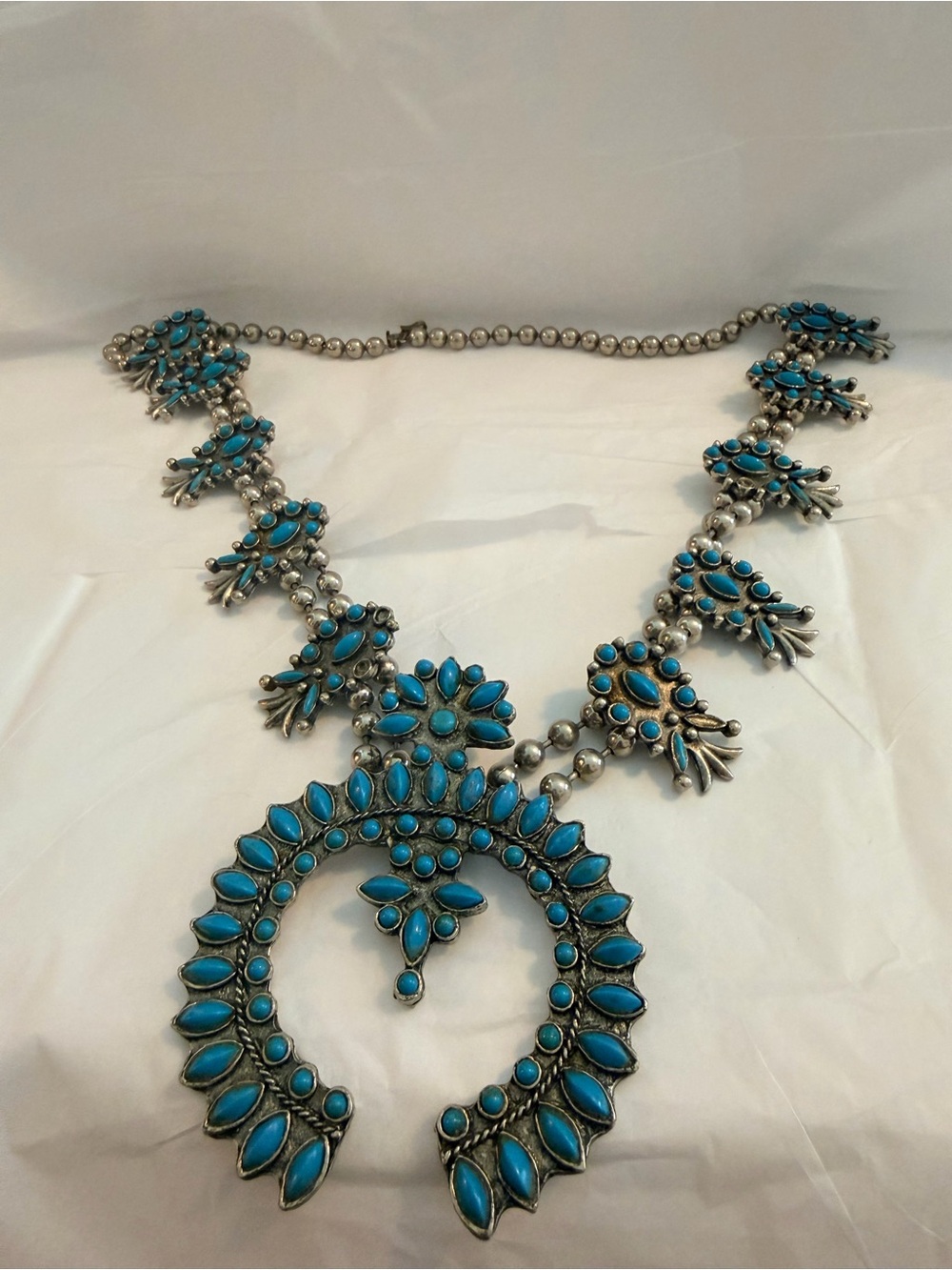 As Is: Turquoise Stone Silver Squash Blossom Necklace - Unbranded